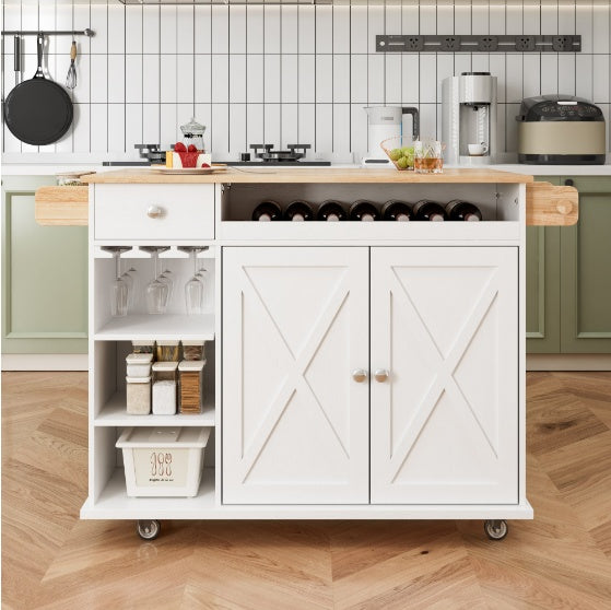 Kitchen Island with Wheels Solid Wood Top Trolley, Wine Storage