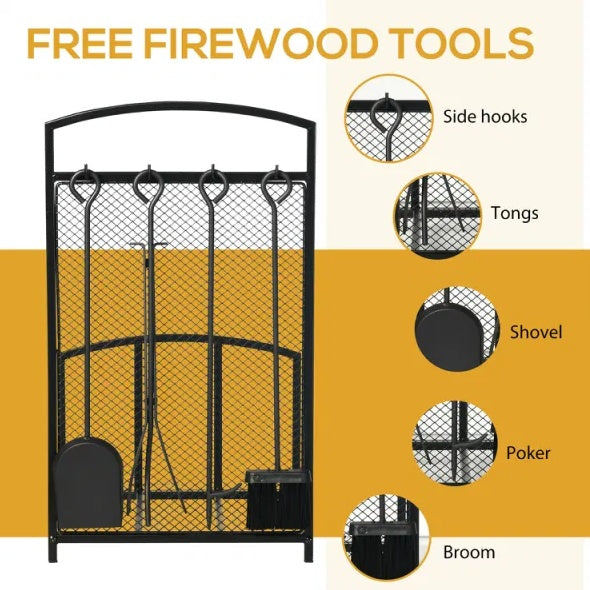 Metal Firewood Rack with Tools Fireplace Tools, Indoor Outdoor Firewood Holder for Fireplace, Wood Stove, Hearth or Fire Pit, Wood Storage Log Rack Includes Poker, Tongs, Broom, Shovel, Black