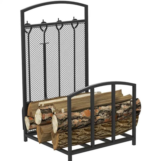 Metal Firewood Rack with Tools Fireplace Tools, Indoor Outdoor Firewood Holder for Fireplace, Wood Stove, Hearth or Fire Pit, Wood Storage Log Rack Includes Poker, Tongs, Broom, Shovel, Black