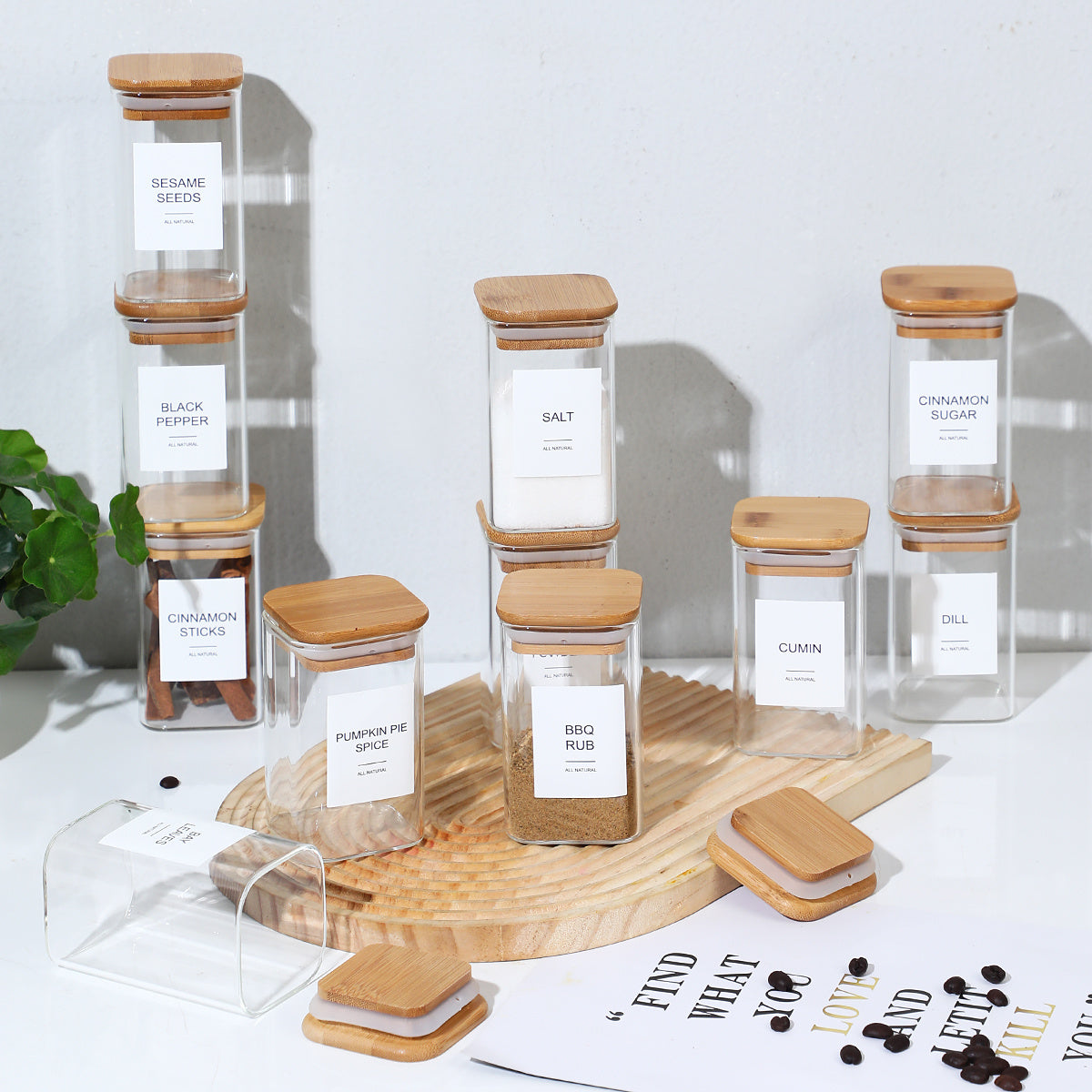 12 Pc Spice Jars Set with Stickers Kitchen Storage Square Glass Jars for Seasonings Cannisters Snacks Tea Coffee