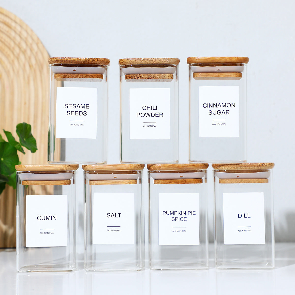 12 Pc Spice Jars Set with Stickers Kitchen Storage Square Glass Jars for Seasonings Cannisters Snacks Tea Coffee