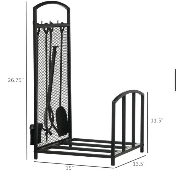 Metal Firewood Rack with Tools Fireplace Tools, Indoor Outdoor Firewood Holder for Fireplace, Wood Stove, Hearth or Fire Pit, Wood Storage Log Rack Includes Poker, Tongs, Broom, Shovel, Black