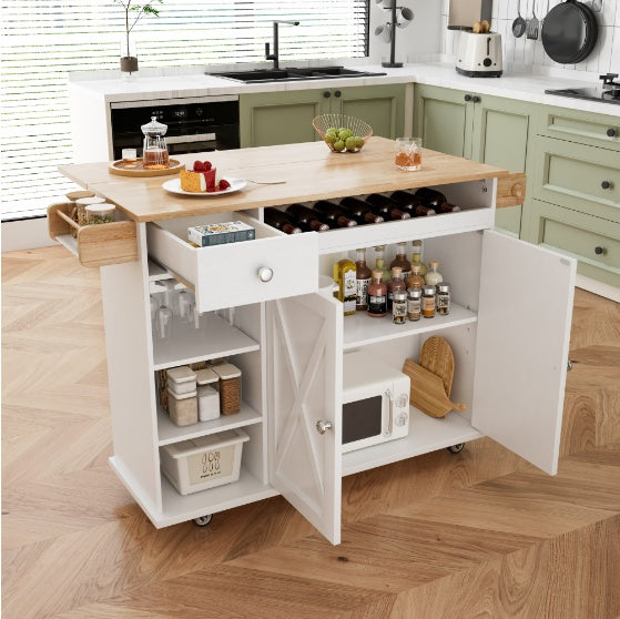 Kitchen Island with Wheels Solid Wood Top Trolley, Wine Storage