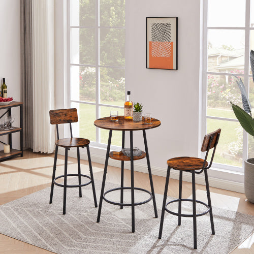 3 pc Rustic Bar Stool and Table Set Round Counter Height Wood and Metal