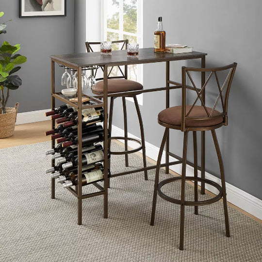 3 Pc Bar Table Set with Wine Storage Dinette Table and Barstools Home Office