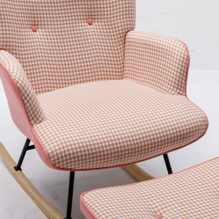 Soft Houndstooth Fabric Rocking Chair For The Baby Room, Comfortable Wingback Gliding Rocking Chair