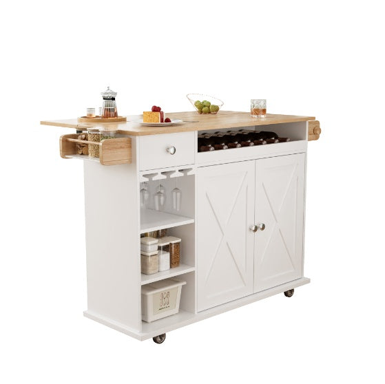 Kitchen Island with Wheels Solid Wood Top Trolley, Wine Storage