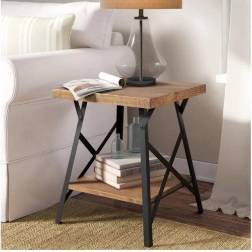 Industrial Style End Table with Solid Wood Top Metal Base Home Office Furniture