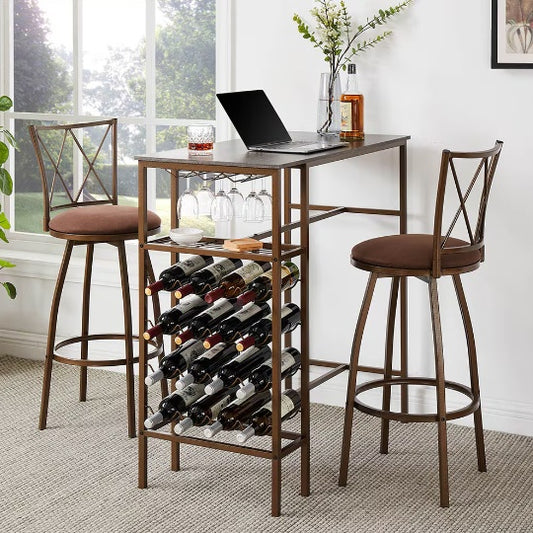 3 Pc Bar Table Set with Wine Storage Dinette Table and Barstools Home Office