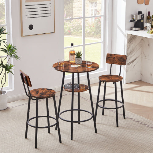 3 pc Rustic Bar Stool and Table Set Round Counter Height Wood and Metal