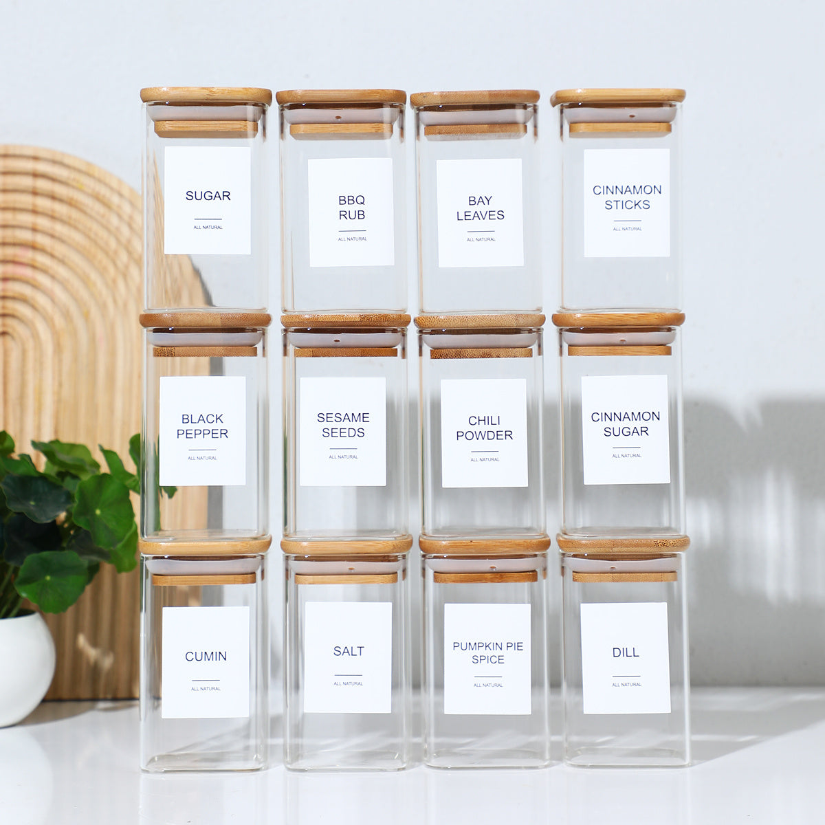 12 Pc Spice Jars Set with Stickers Kitchen Storage Square Glass Jars for Seasonings Cannisters Snacks Tea Coffee