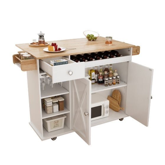 Kitchen Island with Wheels Solid Wood Top Trolley, Wine Storage