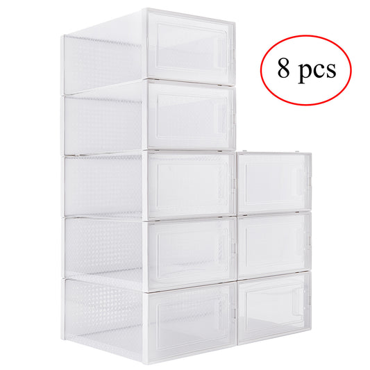 Pack Of 8 Transparent And White Shoe Storage Organizers, Stackable Clear Plastic Boxes For Closet, Sneakers